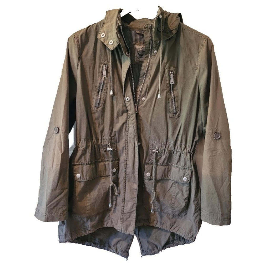 Levi Strauss Womens Military Style Hooded Utility Jacket Olive Green Sz L EUC